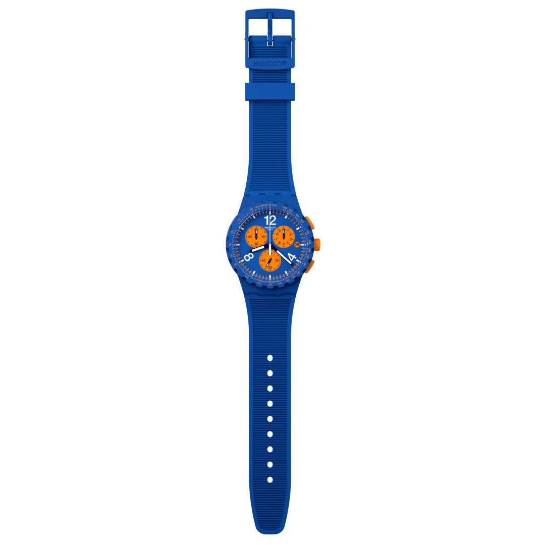 Swatch Primarily blue SUSN419 - cassa blu - cinturino silicone blu - quadrante blu e arancione - cronografo e datario