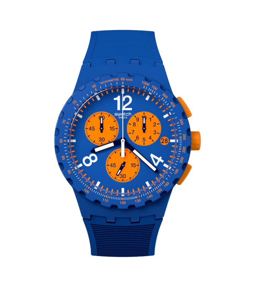 Swatch Primarily blue SUSN419 - cassa blu - cinturino silicone blu - quadrante blu e arancione - cronografo e datario