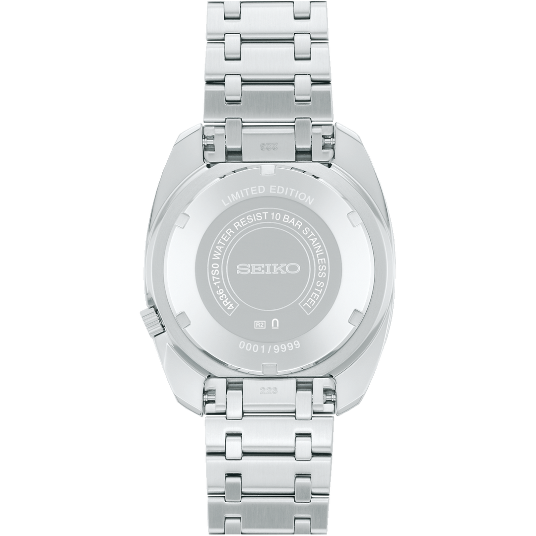 Cassa in acciaio inox satinato con corona a vite e fondello trasparente dell'orologio Seiko 5 Heritage Ed Limited