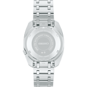 Cassa in acciaio inox satinato con corona a vite e fondello trasparente dell'orologio Seiko 5 Heritage Ed Limited