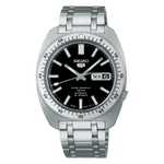Load image into Gallery viewer, Quadrante nero vintage con logo Seiko 5 originale a ore 12, indici luminescenti e datario con combinazione colore invertita
