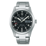 Load image into Gallery viewer, Quadrante nero sunburst del Seiko 5 Sports SRPG27K1 con indici e lancette luminescenti LumiBrite e indicazione giorno e data a ore 3
