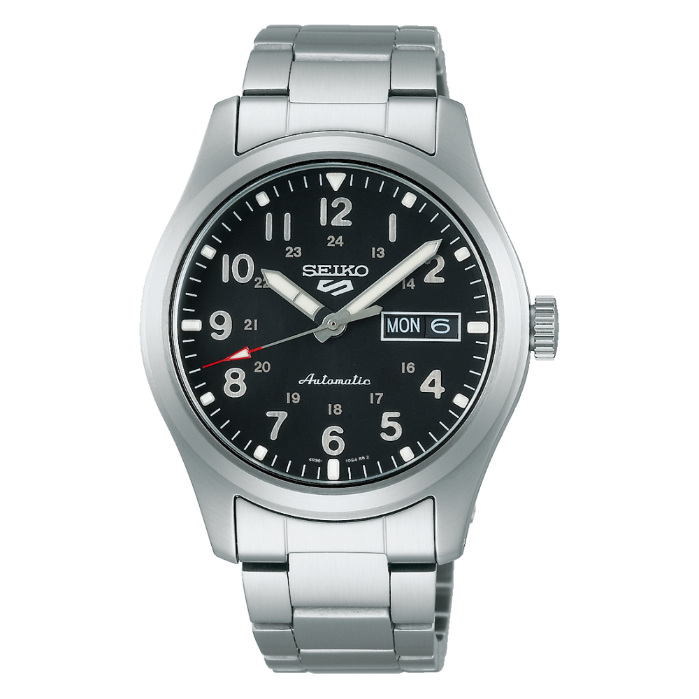 Quadrante nero sunburst del Seiko 5 Sports SRPG27K1 con indici e lancette luminescenti LumiBrite e indicazione giorno e data a ore 3