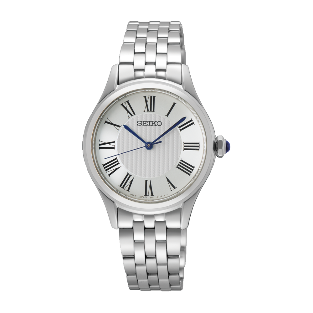 Quadrante blu satinato effetto soleil con numeri romani e indici sottili del Seiko Classic Lady 3 sfere SWR085P1
