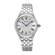 Quadrante blu satinato effetto soleil con numeri romani e indici sottili del Seiko Classic Lady 3 sfere SWR085P1