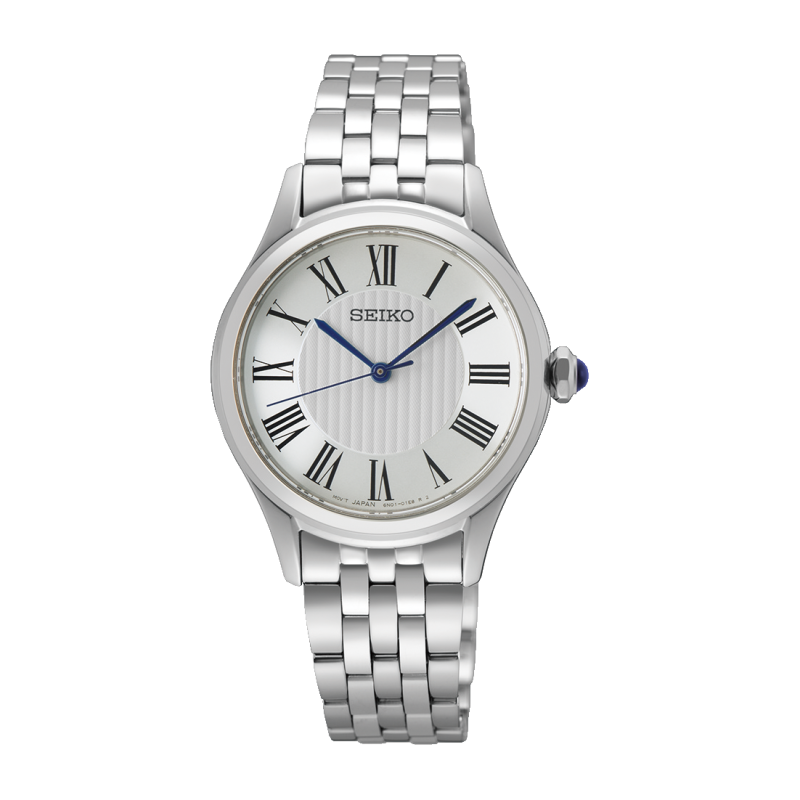 Cassa rettangolare in acciaio inox da 22,2 mm con vetro Hardlex curvo e corona con cabochon blu elegante del Seiko Classic Lady 3 sfere