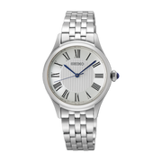 Cassa rettangolare in acciaio inox da 22,2 mm con vetro Hardlex curvo e corona con cabochon blu elegante del Seiko Classic Lady 3 sfere