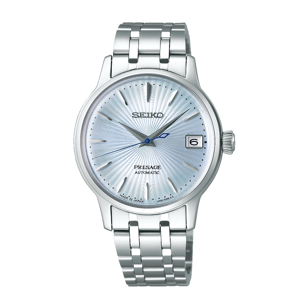 Quadrante smaltato blu satinato con finitura soleil e dettagli raffinati del Seiko Presage Cocktail Automatic SRP841J1