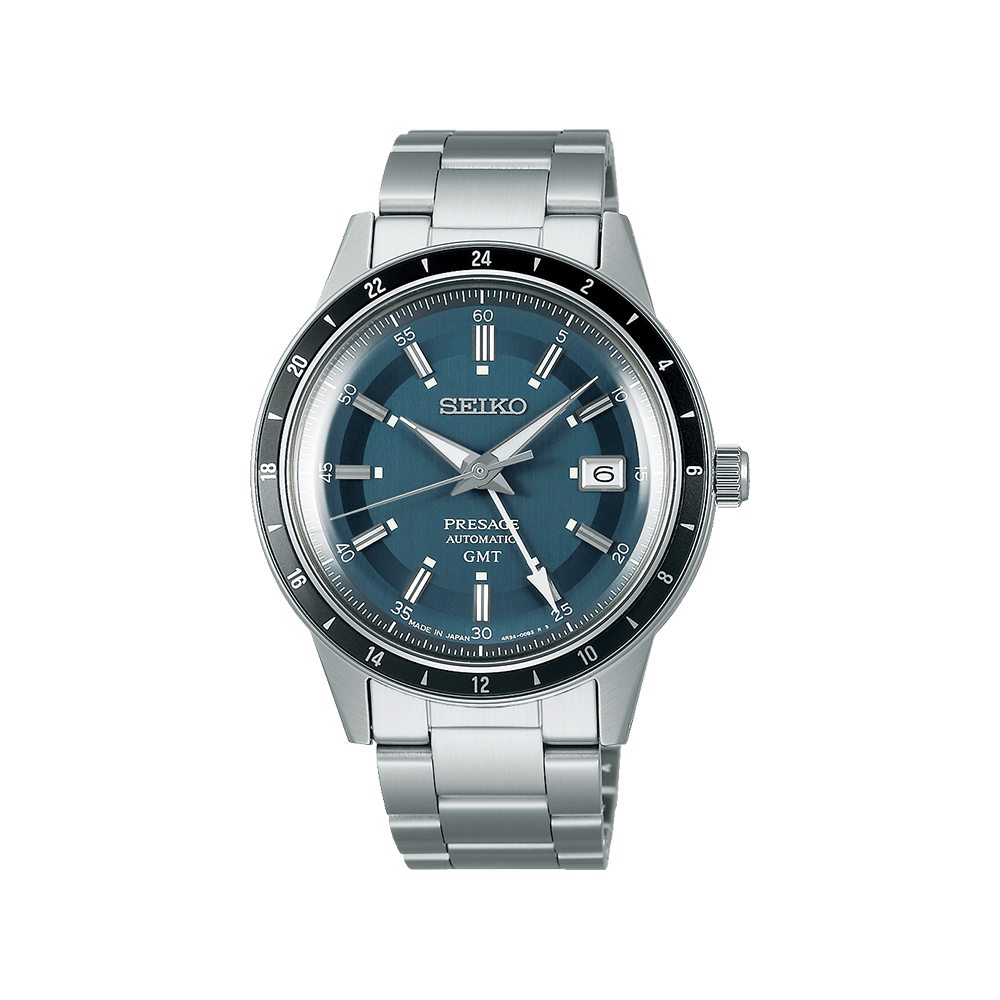 Quadrante blu vintage con finiture multiple, indici sfaccettati e lancette affilate con trattamento LumiBrite del Seiko Presage Style 60's