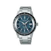 Quadrante blu vintage con finiture multiple, indici sfaccettati e lancette affilate con trattamento LumiBrite del Seiko Presage Style 60's