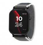 Load image into Gallery viewer, Smartwatch Sector S-07 con cassa squadrata nera e cinturino in tessuto grigio.
