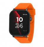 Load image into Gallery viewer, Smartwatch Sector S-07 con cassa squadrata nera e cinturino in silicone arancione.
