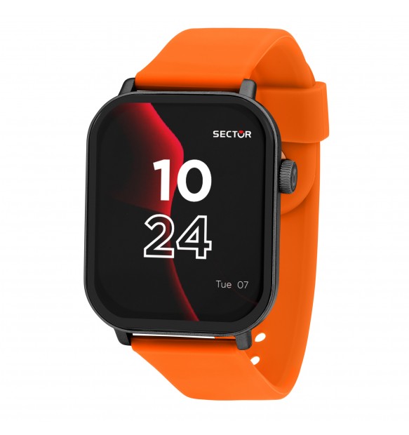 Smartwatch Sector S-07 con cassa squadrata nera e cinturino in silicone arancione.