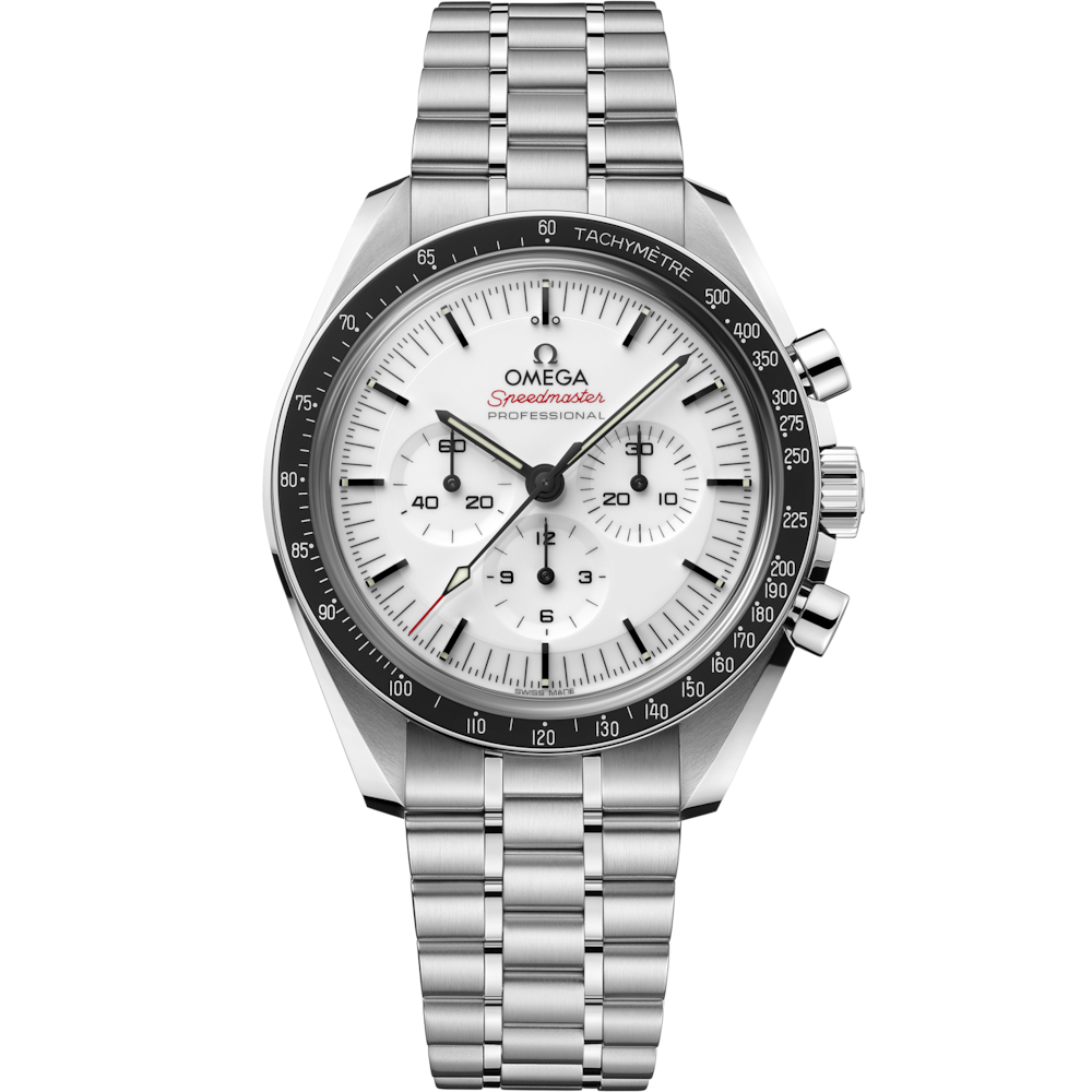 Quadrante bianco laccato con lancette stile “Moonwatch” e scala tachimetrica della lunetta nera dell’Omega Speedmaster Moonwatch Professional 42 mm 310.30.42.50.04.001.