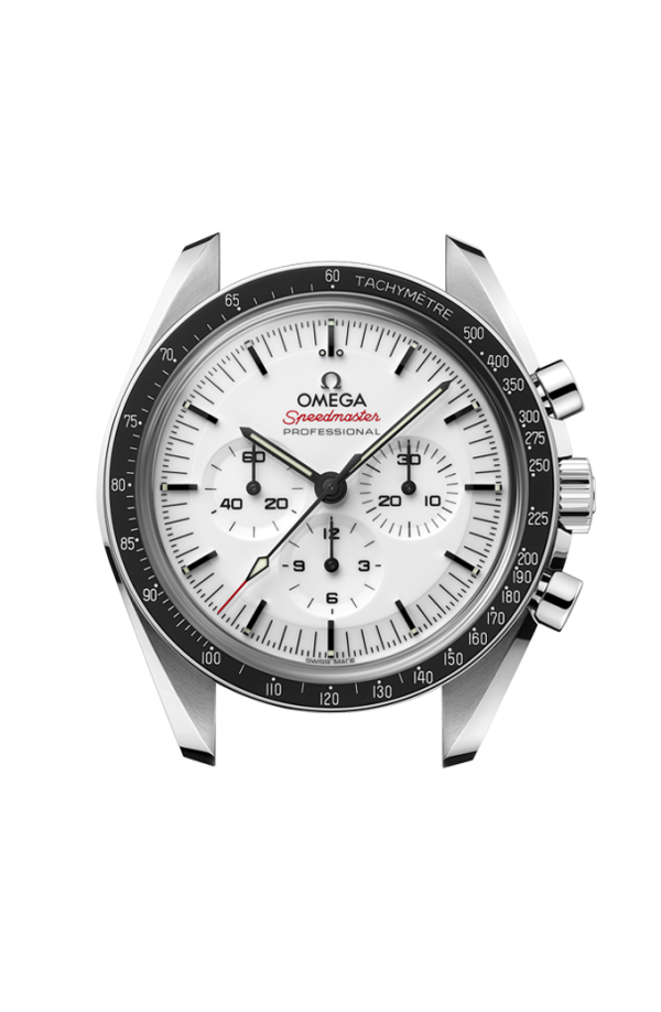 Profilo laterale della cassa in acciaio inossidabile da 42 mm con vetro zaffiro bombato antiriflesso e lunetta con scala tachimetrica.