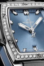 Load image into Gallery viewer, Hublot Spirit of Big Bang Steel Coal Blue Diamonds 682.SX.717B.RX.1204 - cassa acciaio - cinturino gomma azzurro ghiaccio - quadrante azzurro ghiaccio con datario