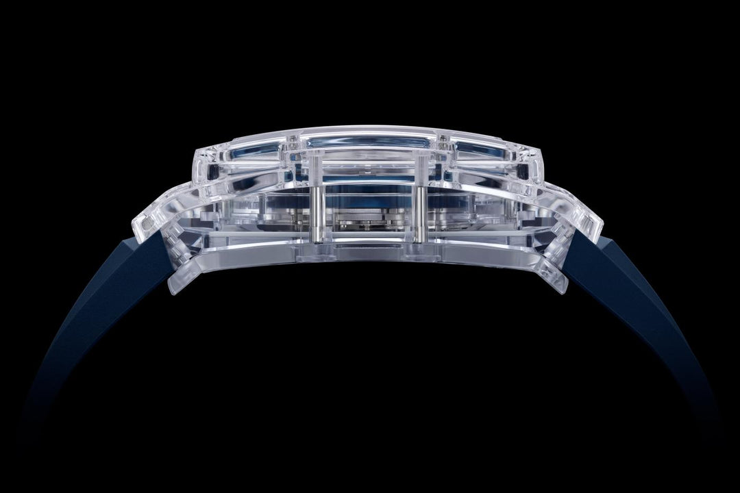 Hublot Spirit of Big Bang Sapphire Blue 642.JX.7170.RX - cassa cristallo di zaffiro - cinturino gomma blu - quadrante scheletrato blu con cronografo