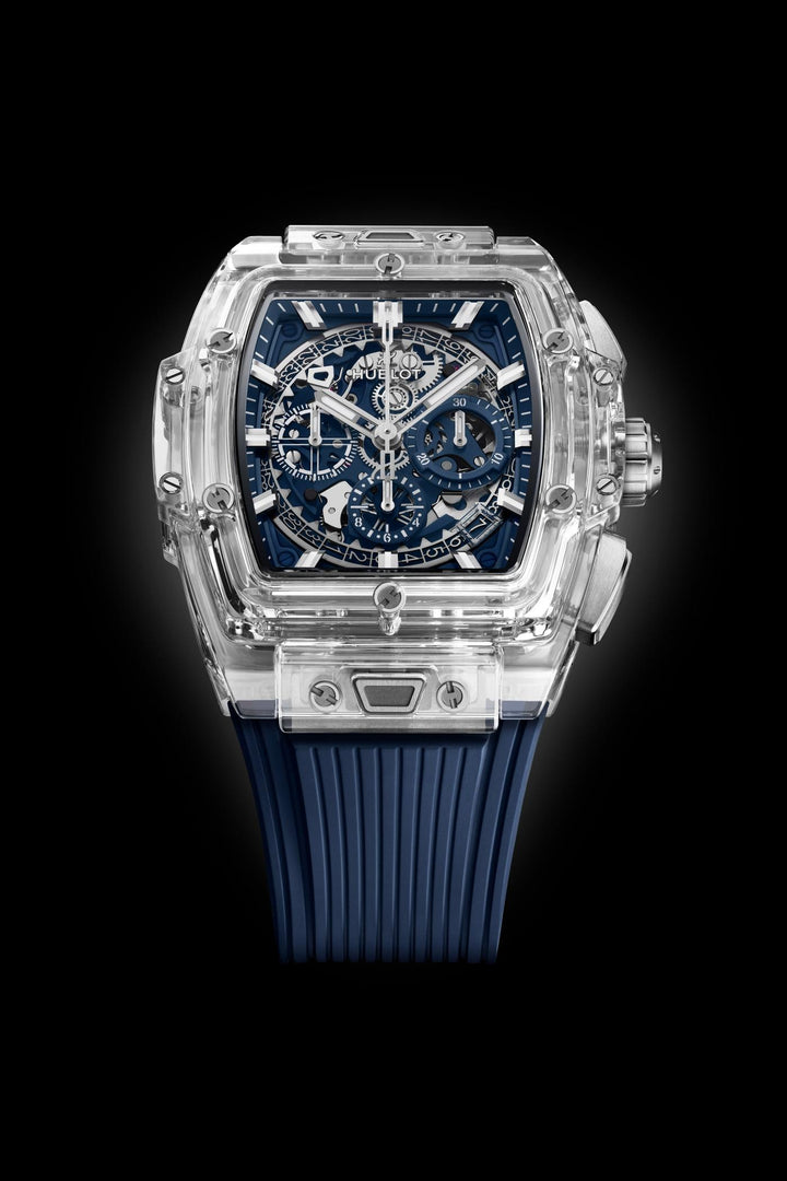 Hublot Spirit of Big Bang Sapphire Blue 642.JX.7170.RX - cassa cristallo di zaffiro - cinturino gomma blu - quadrante scheletrato blu con cronografo