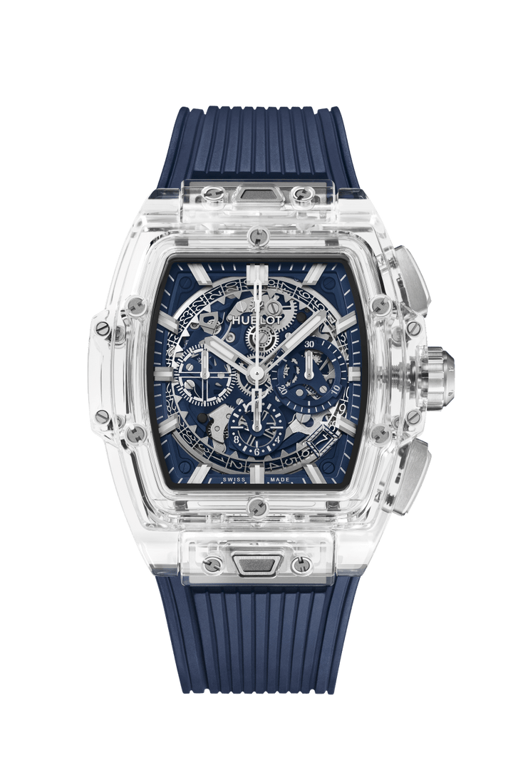 Hublot Spirit of Big Bang Sapphire Blue 642.JX.7170.RX - cassa cristallo di zaffiro - cinturino gomma blu - quadrante scheletrato blu con cronografo