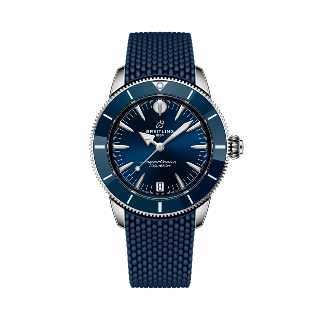 Quadrante e cinturino blu in caucciù del Breitling Superocean Heritage Automatic 36 A10390161C1S1.