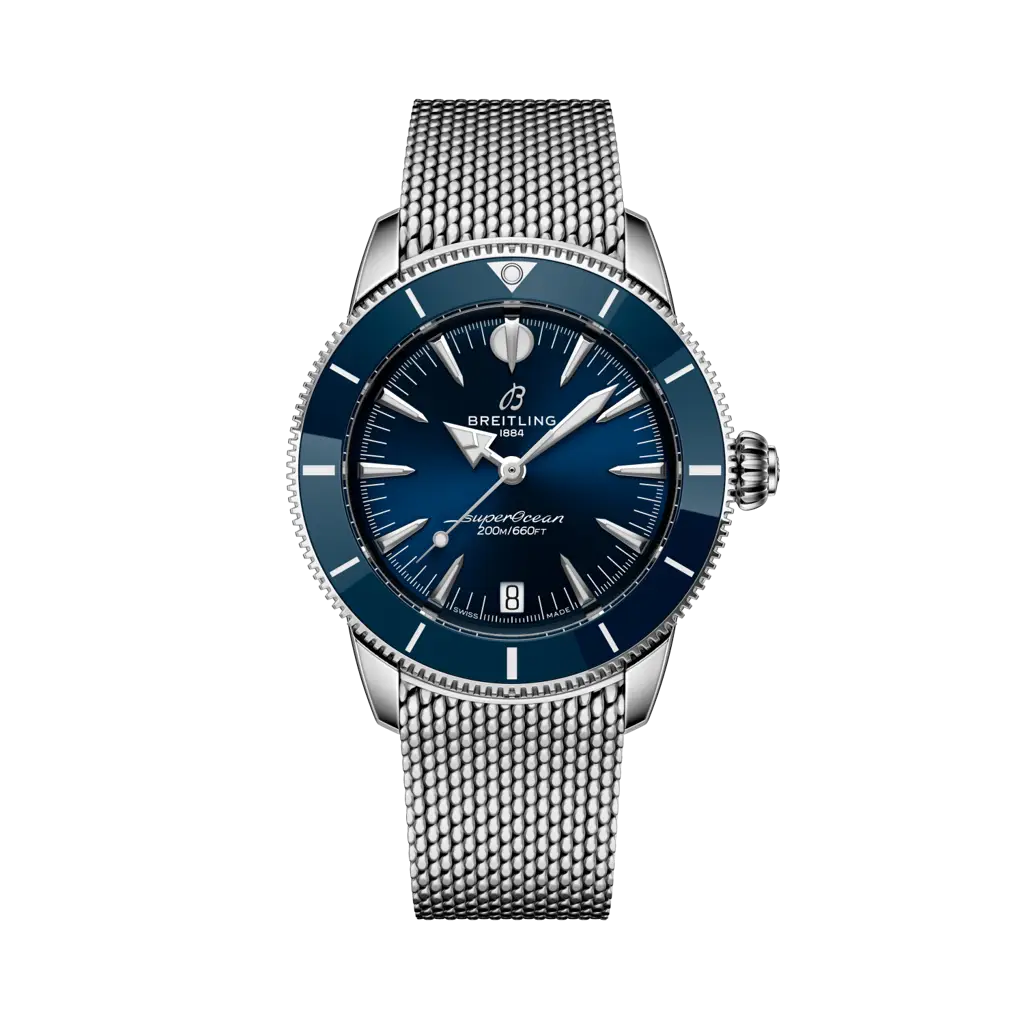 Quadrante blu sunburst con datario a finestrella e bracciale in acciaio inox argentato del Breitling Superocean Heritage Automatic 36 A10390161C1A1.