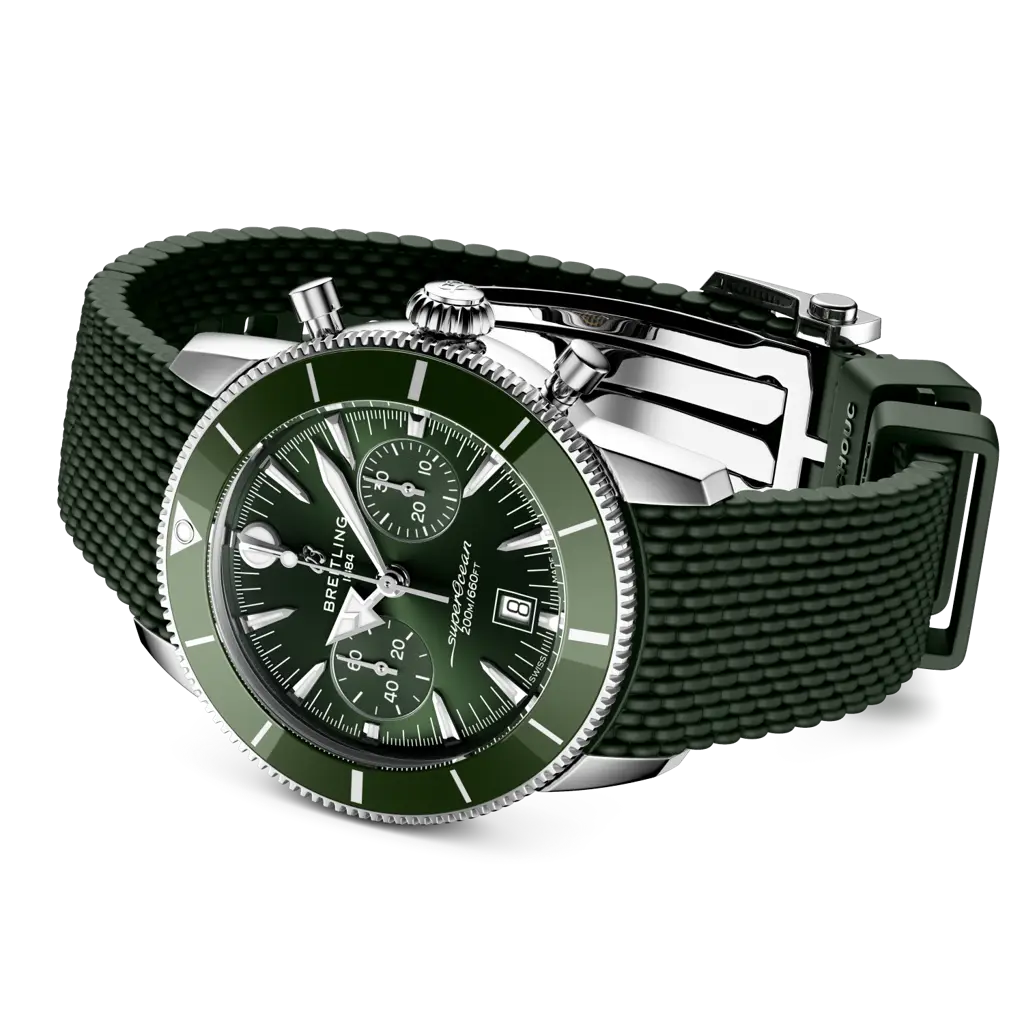 Cinturino verde in caucciù con chiusura pieghevole in acciaio inossidabile del Breitling Superocean Heritage B01 Chronograph 42 AB0156361L1S1.