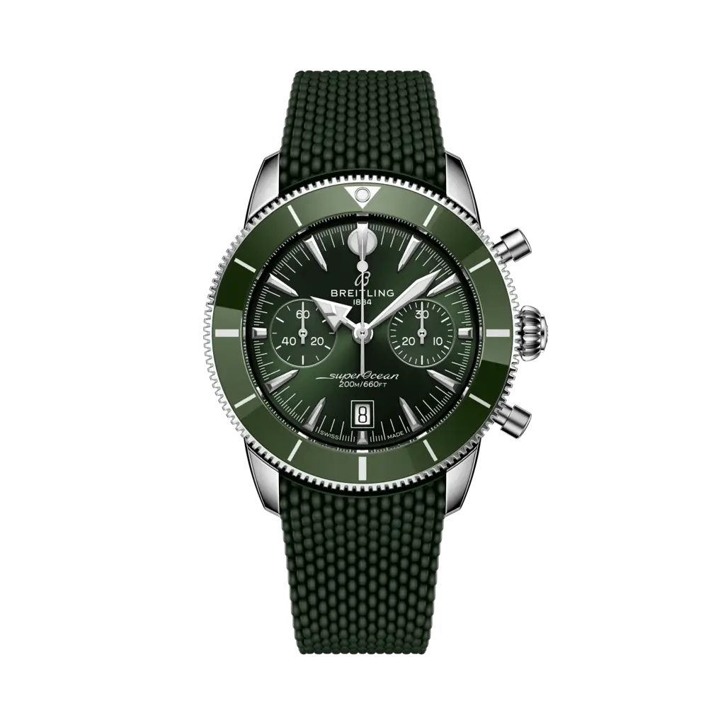 Quadrante blu sunburst con tre contatori cronografo tono su tono, lancette e indici luminescenti, datario a finestrella dell'orologio Breitling Superocean Heritage B01 Chronograph 42
