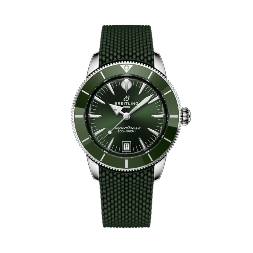 Quadrante verde con indici luminescenti Super-LumiNova® e datario a finestrella del Breitling Superocean Heritage B31 Automatic 40 AB3110361L1S1.