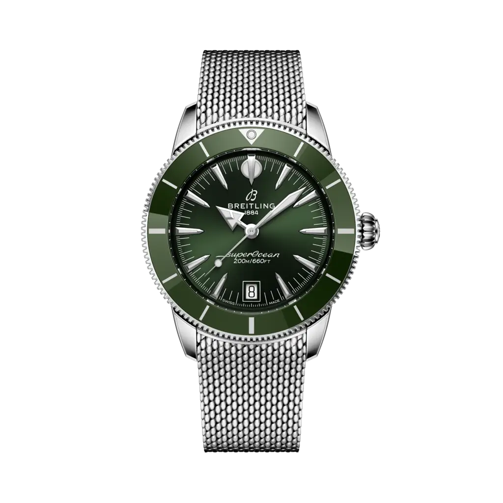Quadrante verde sunburst con indici Super-LumiNova® luminescenti e datario a finestrella del Breitling Superocean Heritage B31 Automatic 40 AB3110361L1A1