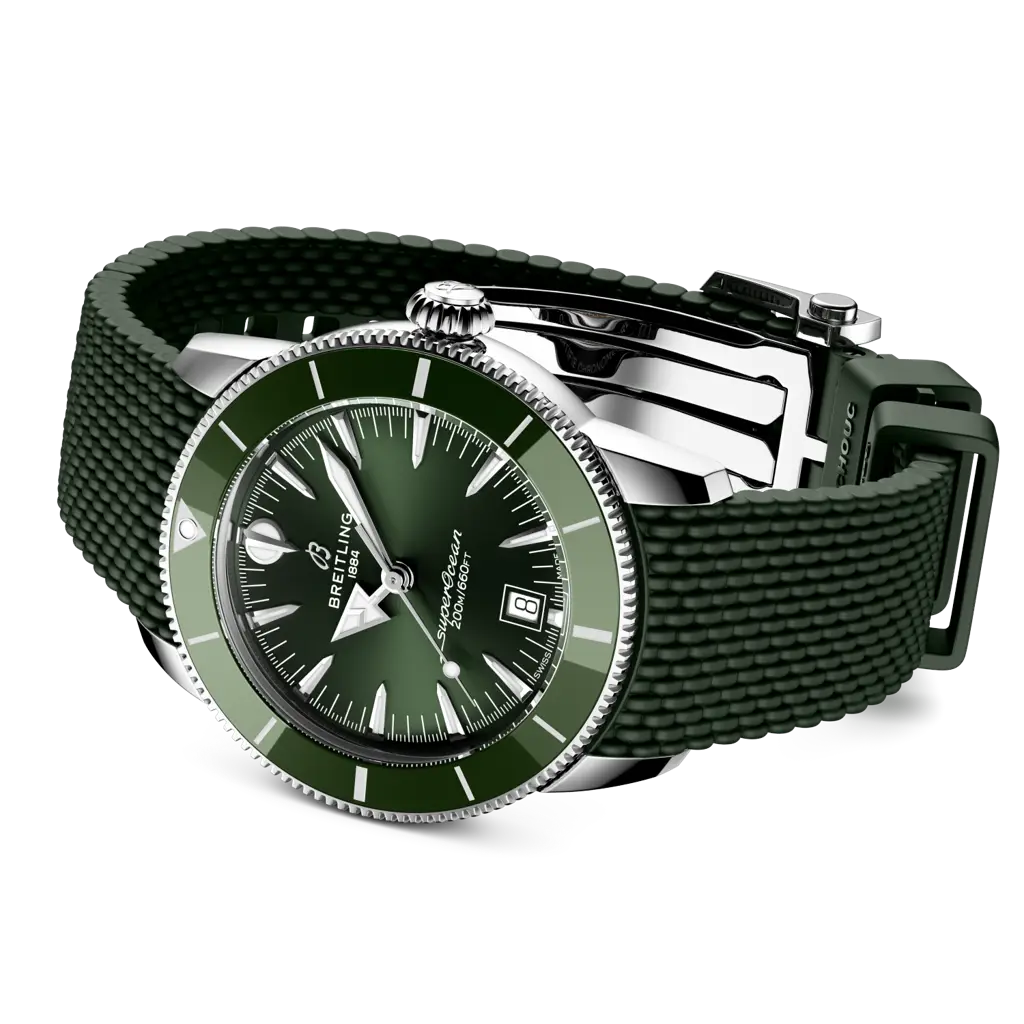 Cinturino verde in caucciù con chiusura pieghevole in acciaio inossidabile del Breitling Superocean Heritage B31 Automatic 42.
