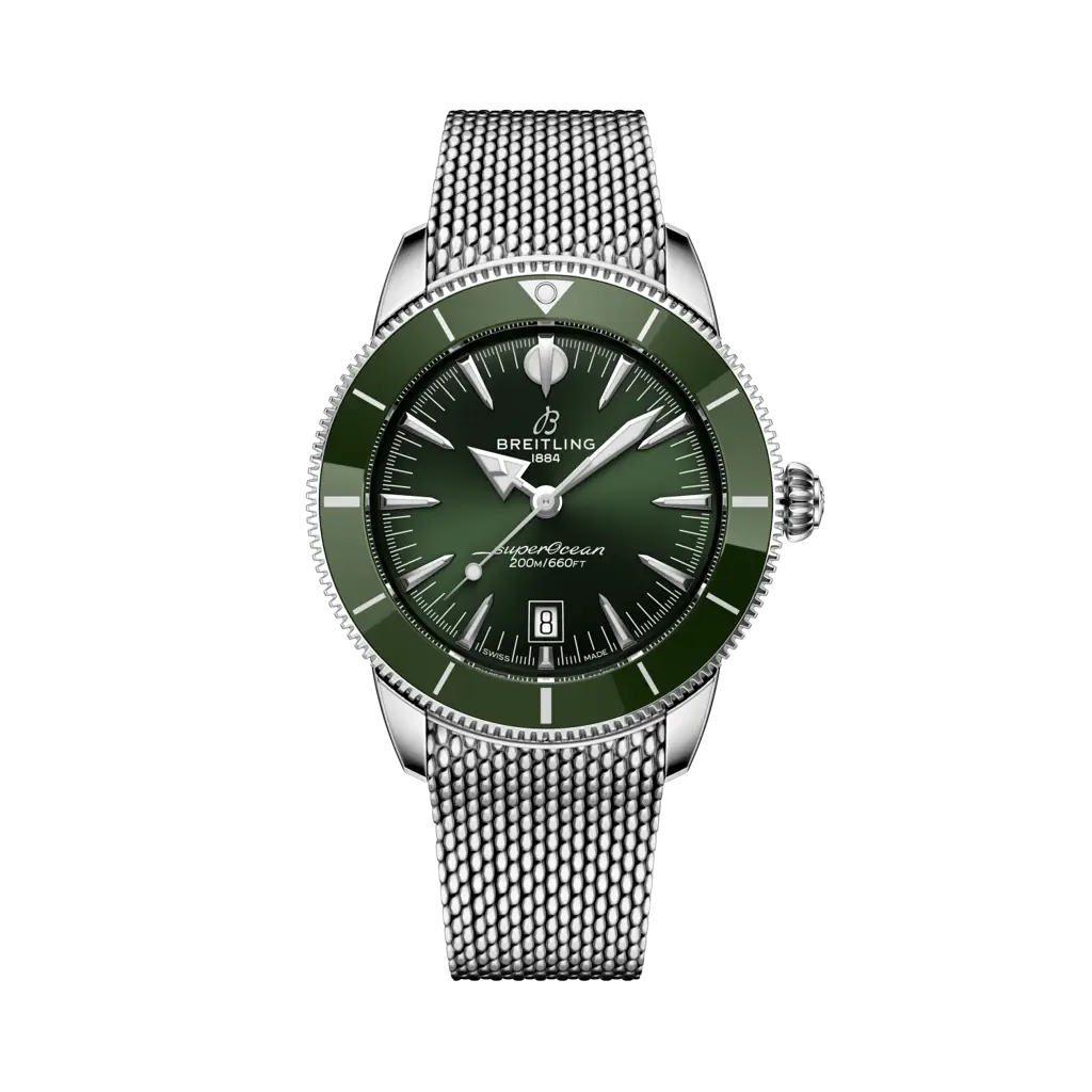 Quadrante verde con indici luminescenti e datario a finestrella del Breitling Superocean Heritage B31 Automatic 44 AB3112361L1A1.