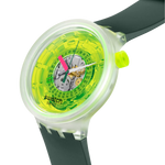 Load image into Gallery viewer, Swatch Blinded By Neon SB05K400 con quadrante giallo neon trasparente e cassa opaca trasparente.
