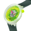 Swatch Blinded By Neon SB05K400 con quadrante giallo neon trasparente e cassa opaca trasparente.