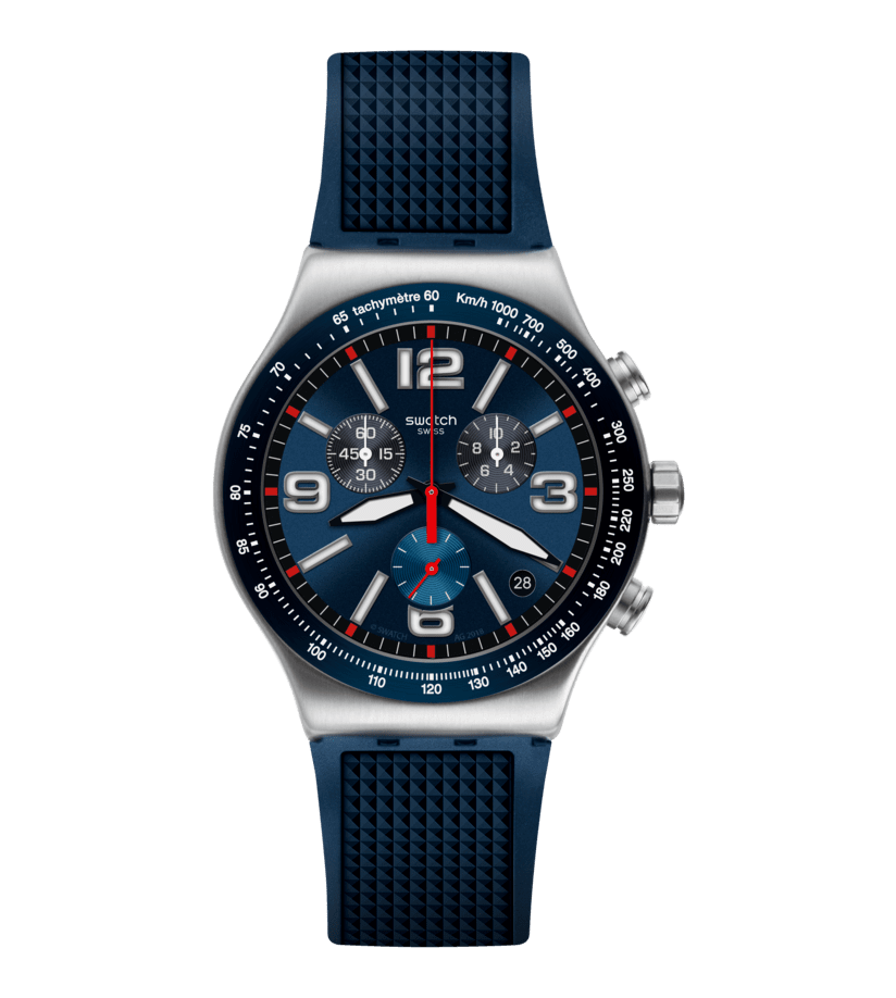 Swatch Blue Grid YVS454 con cassa in acciaio inox da 43 mm e quadrante blu scuro cronografo.