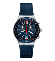 Swatch Blue Grid YVS454 con cassa in acciaio inox da 43 mm e quadrante blu scuro cronografo.