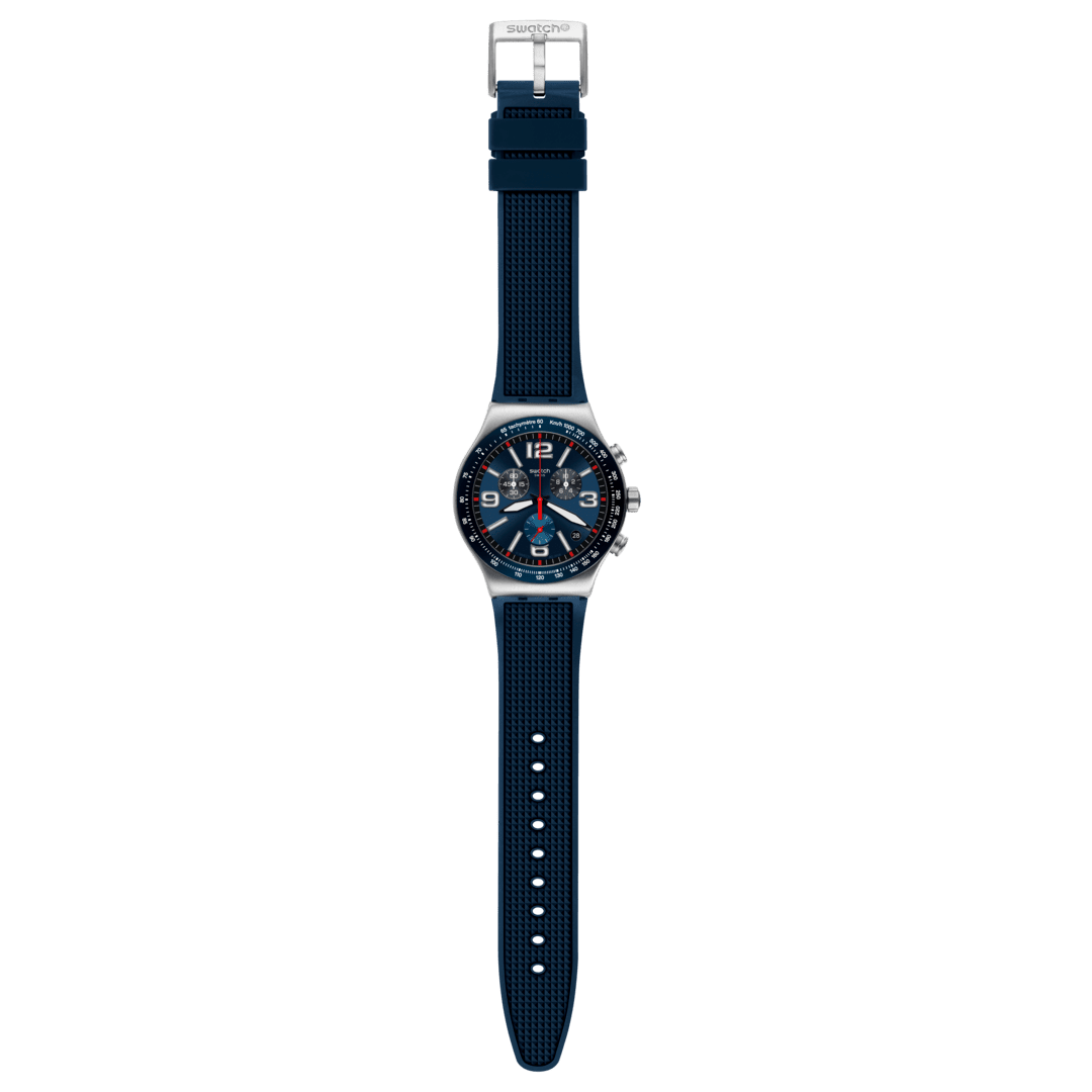 Cinturino in silicone blu con chiusura a fibbia ad ardiglione.