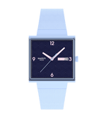 Load image into Gallery viewer, Orologio Swatch Bright Angle SO34L701 con cassa quadrata blu in bioceramica e quadrante blu minimalista.
