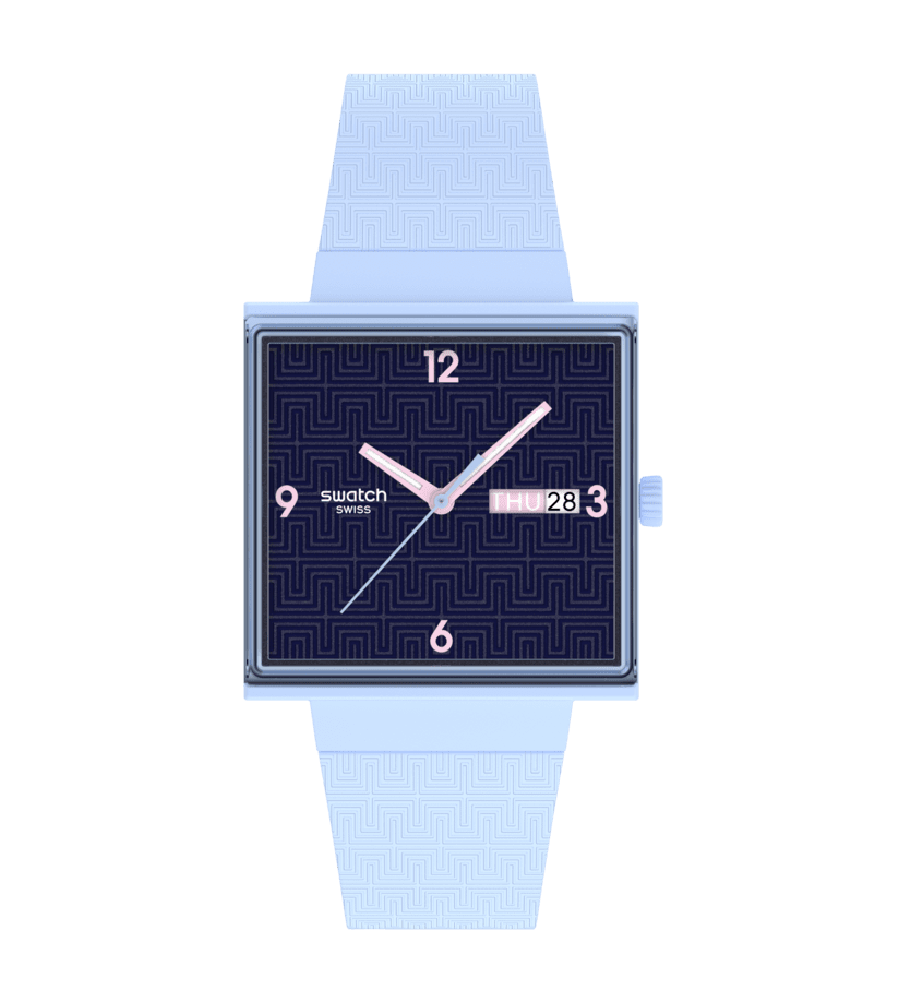 Orologio Swatch Bright Angle SO34L701 con cassa quadrata blu in bioceramica e quadrante blu minimalista.