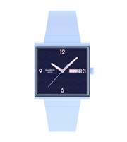 Orologio Swatch Bright Angle SO34L701 con cassa quadrata blu in bioceramica e quadrante blu minimalista.