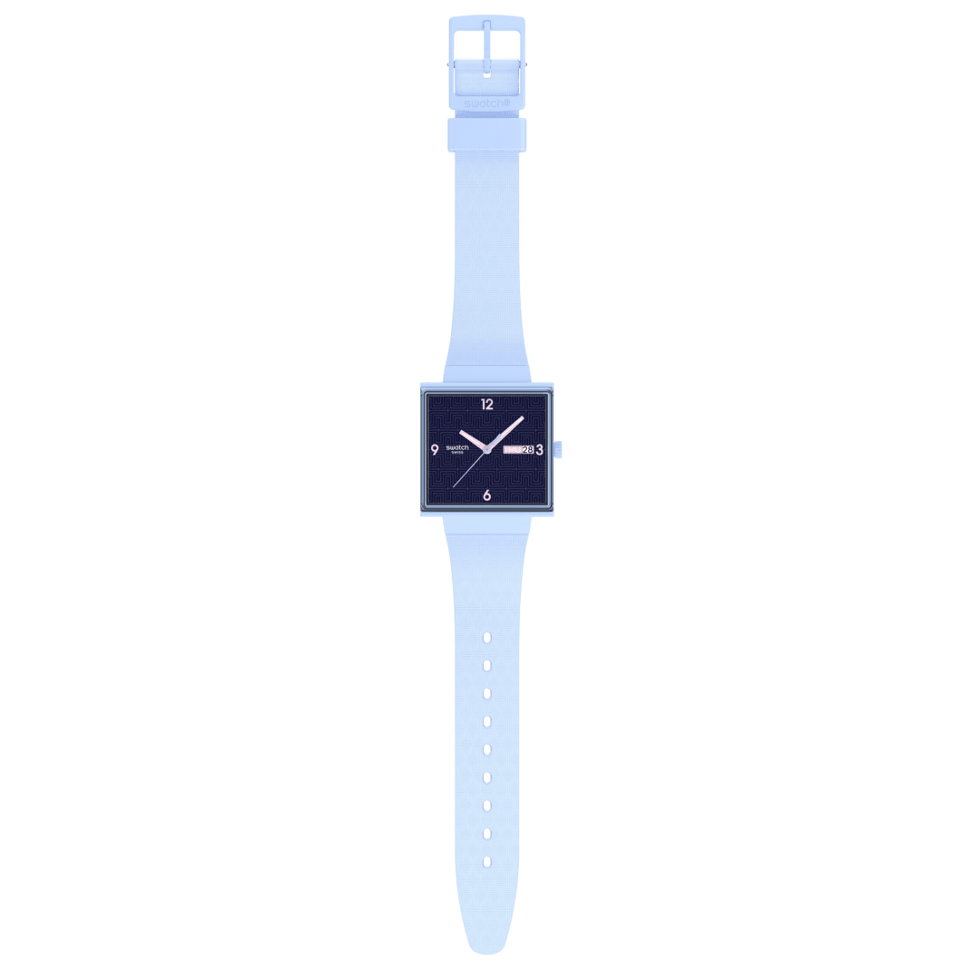 Vista frontale dello Swatch Bright Angle SO34L701 con quadrante blu e finestre giorno e data, ideale per uso quotidiano.