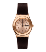 Load image into Gallery viewer, Swatch Brownee YLG701 con cassa in acciaio inox oro rosa da 33 mm e quadrante spazzolato oro rosa con indici arabi.
