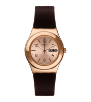 Swatch Brownee YLG701 con cassa in acciaio inox oro rosa da 33 mm e quadrante spazzolato oro rosa con indici arabi.