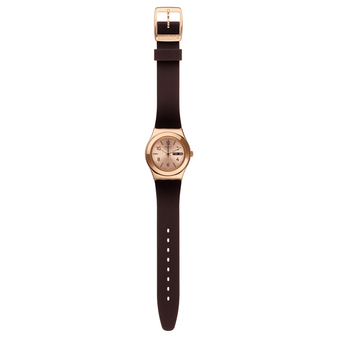 Cinturino in silicone marrone con fibbia ad ardiglione color oro rosa.