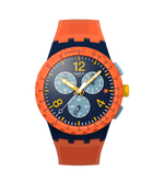 Load image into Gallery viewer, Swatch Camo Flash SUSI400 con cassa blu scuro opaco e cinturino arancione in silicone.
