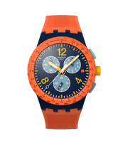 Swatch Camo Flash SUSI400 con cassa blu scuro opaco e cinturino arancione in silicone.