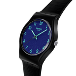 Load image into Gallery viewer, Dettaglio cinturino in silicone blu morbido e fibbia resistente dello Swatch Grace in Time LB188.
