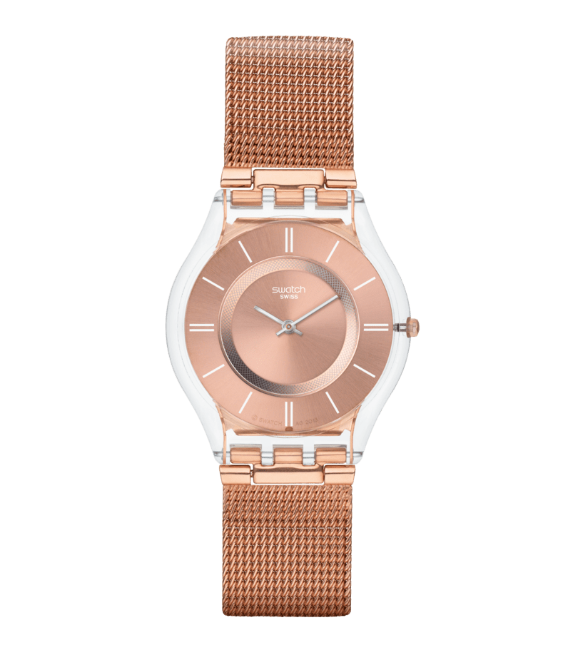 Swatch Hello Darling SS08K104M con cassa trasparente da 34 mm e quadrante rosa con stampa multicolore.