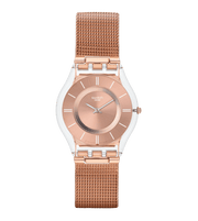 Swatch Hello Darling SS08K104M con cassa trasparente da 34 mm e quadrante rosa con stampa multicolore.