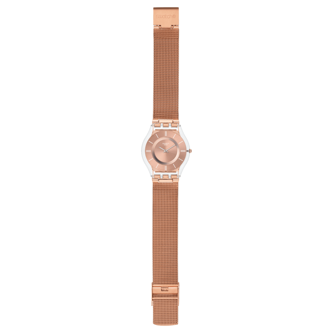Cinturino in acciaio inox rosa milanese con chiusura a fibbia.