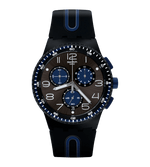 Load image into Gallery viewer, Swatch Kaicco SUSB406 con cassa in plastica nera opaca da 42 mm e quadrante nero spazzolato soleil.
